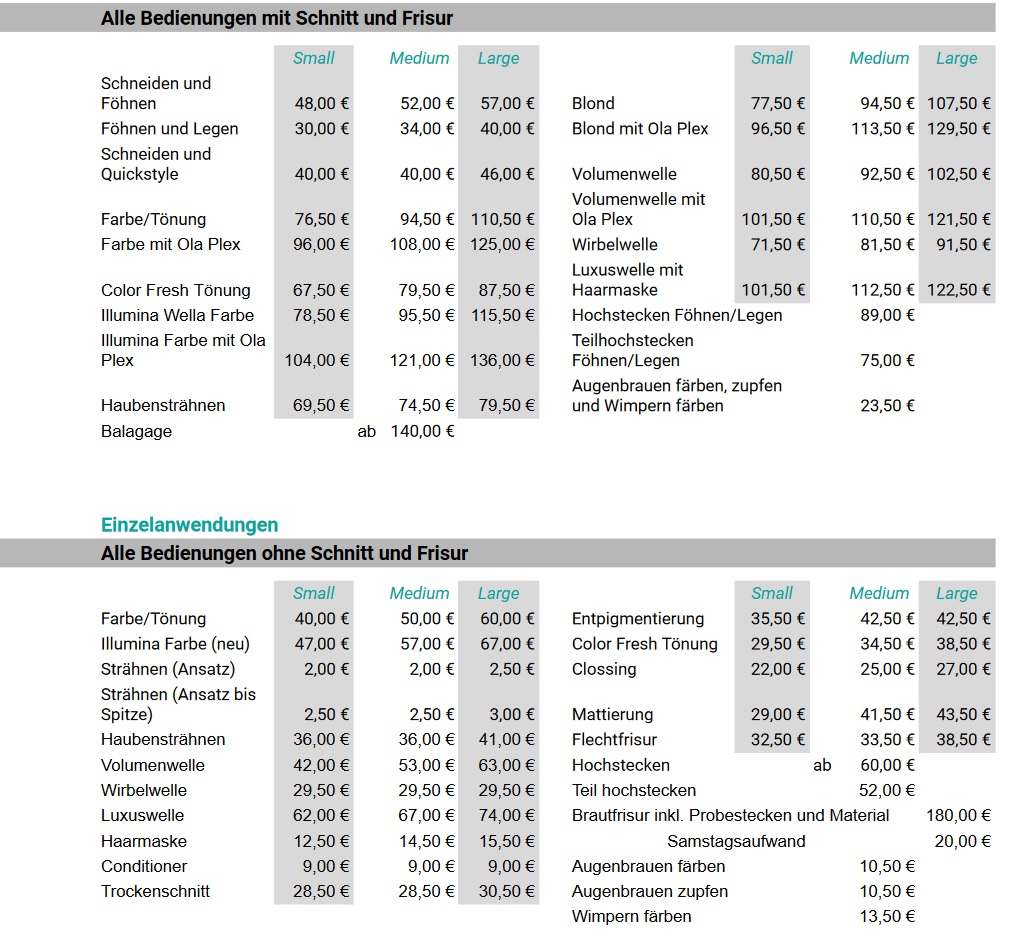 Preisliste - Damen